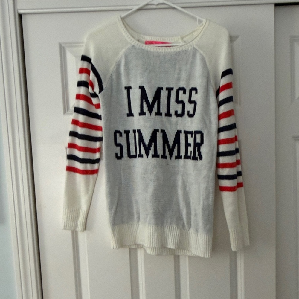Rebellious One White Sweater with Navy and Red Stripes
